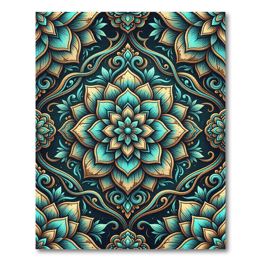 Teal Gold Intricate Medallion Floral Rug