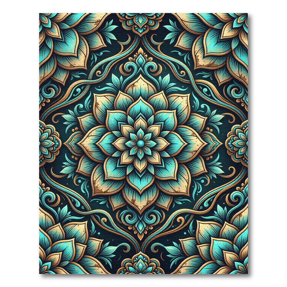 Teal Gold Intricate Medallion Floral Rug