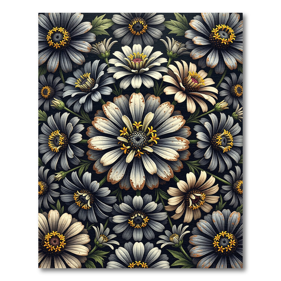 Monochromatic Floral Arrangement Black Canvas Rug