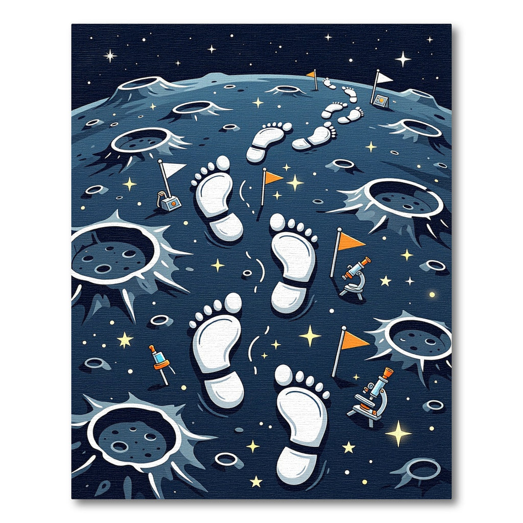 Whimsical Galactic Footprints and Lunar Landscape Rug
