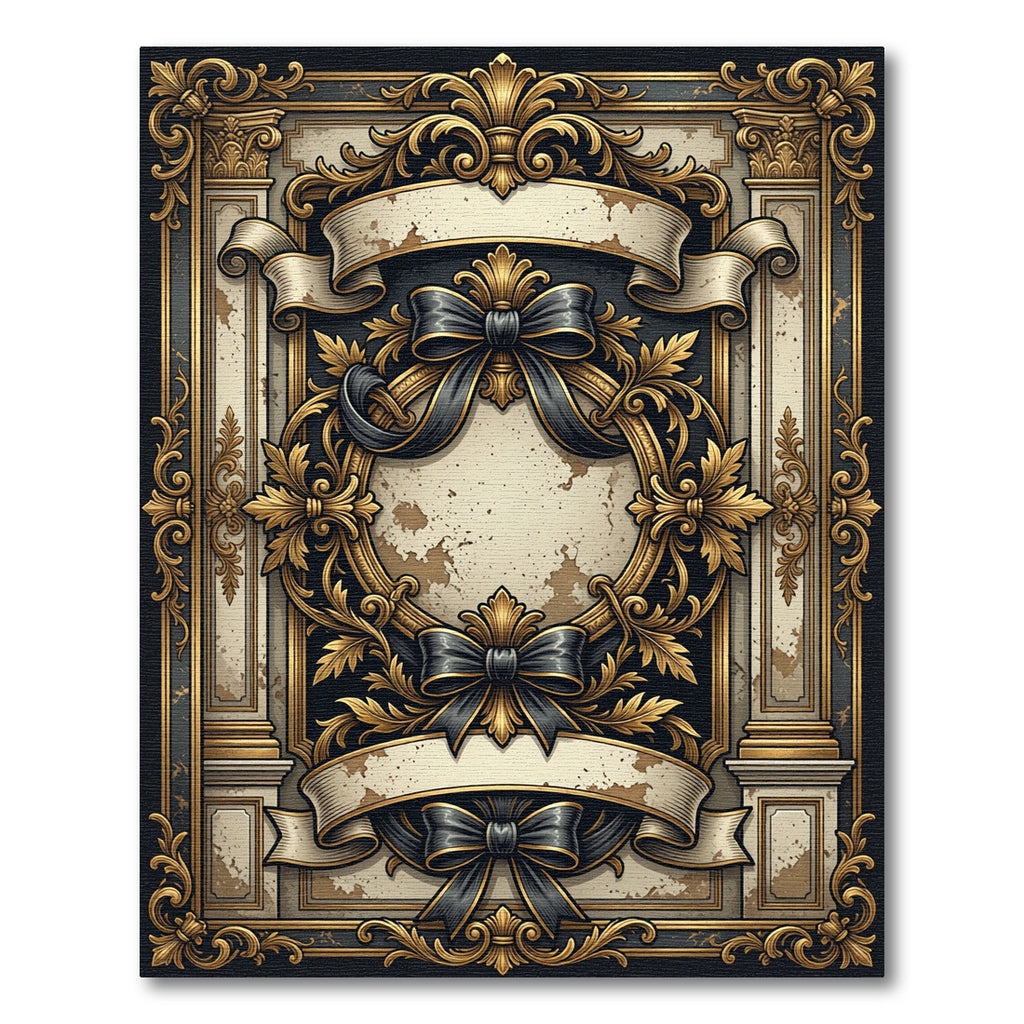 Ornate Gold Black Ribbon Baroque Frame Rug