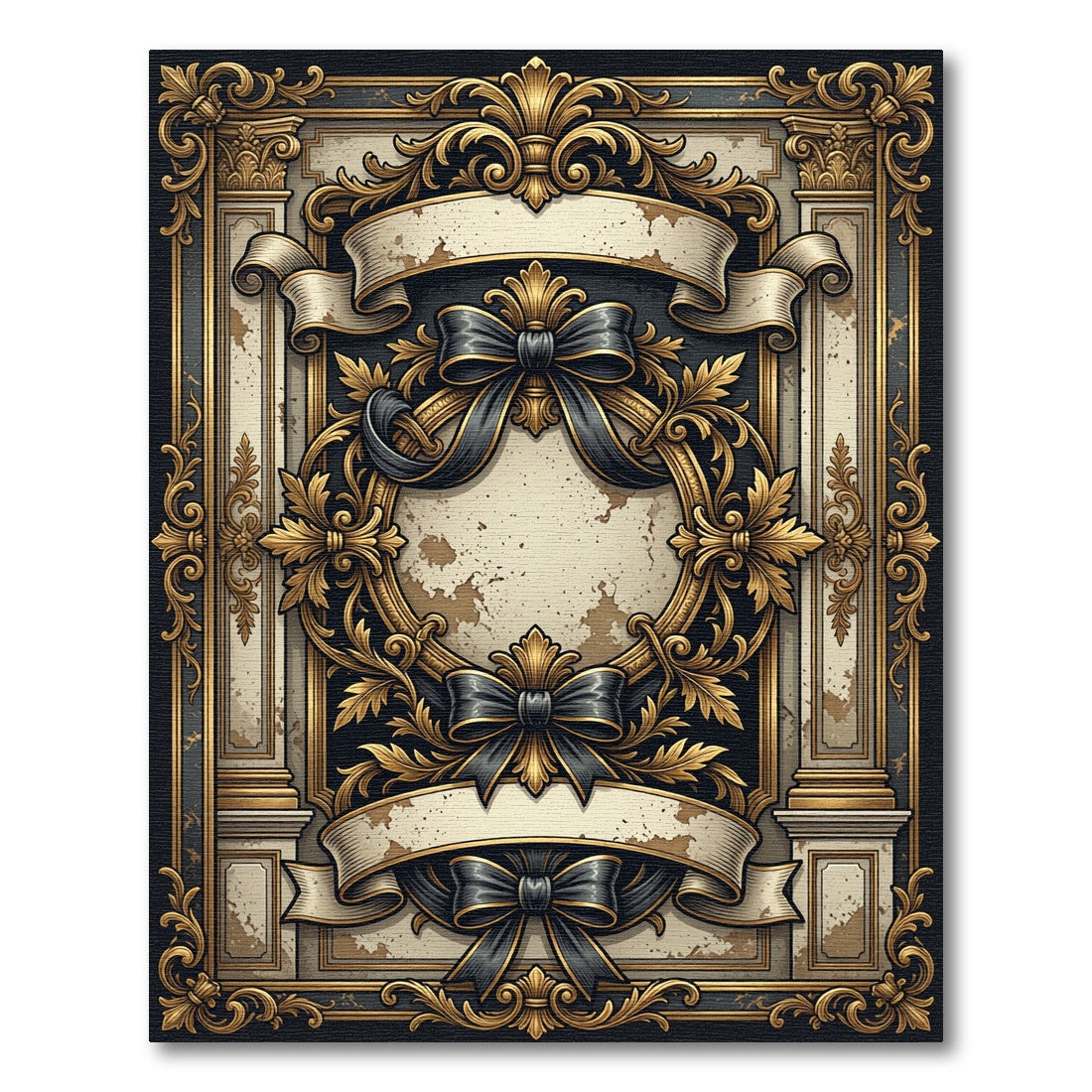 Ornate Gold Black Ribbon Baroque Frame Rug
