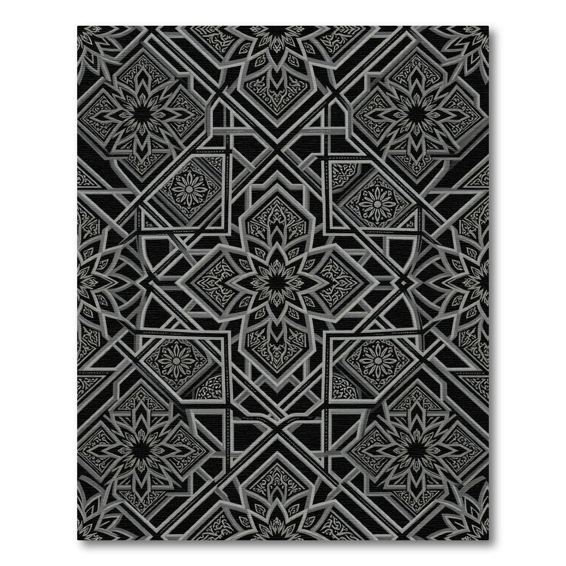 Intricate Black Silver Starburst Geometric Rug