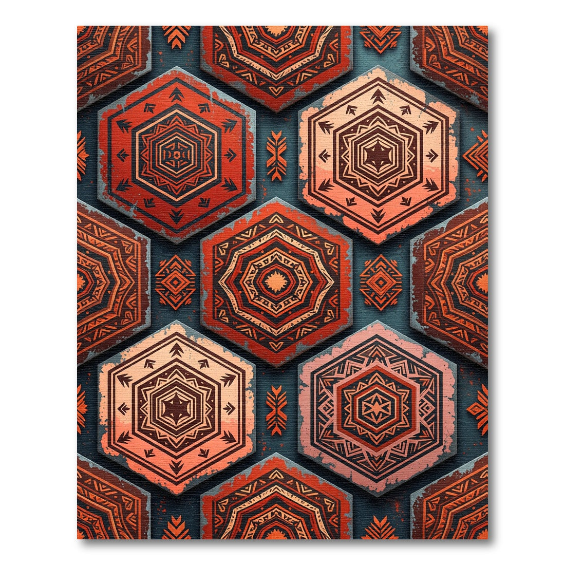 Earthy Crimson Geometric Hexagon Tile Rug