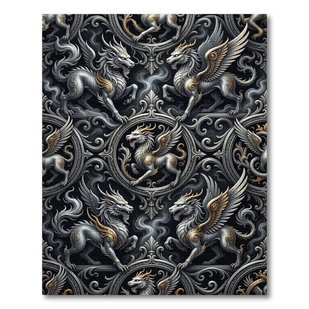 Mythic Winged Creature Silver Gold Aubergine Rug
