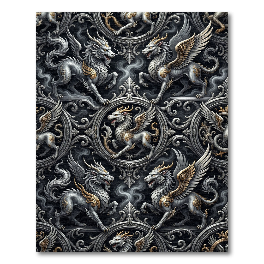 Mythic Winged Creature Silver Gold Aubergine Rug
