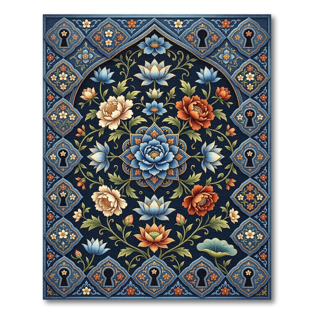 Dark Blue Floral Keyhole Border Rug