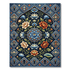 Dark Blue Floral Keyhole Border Rug