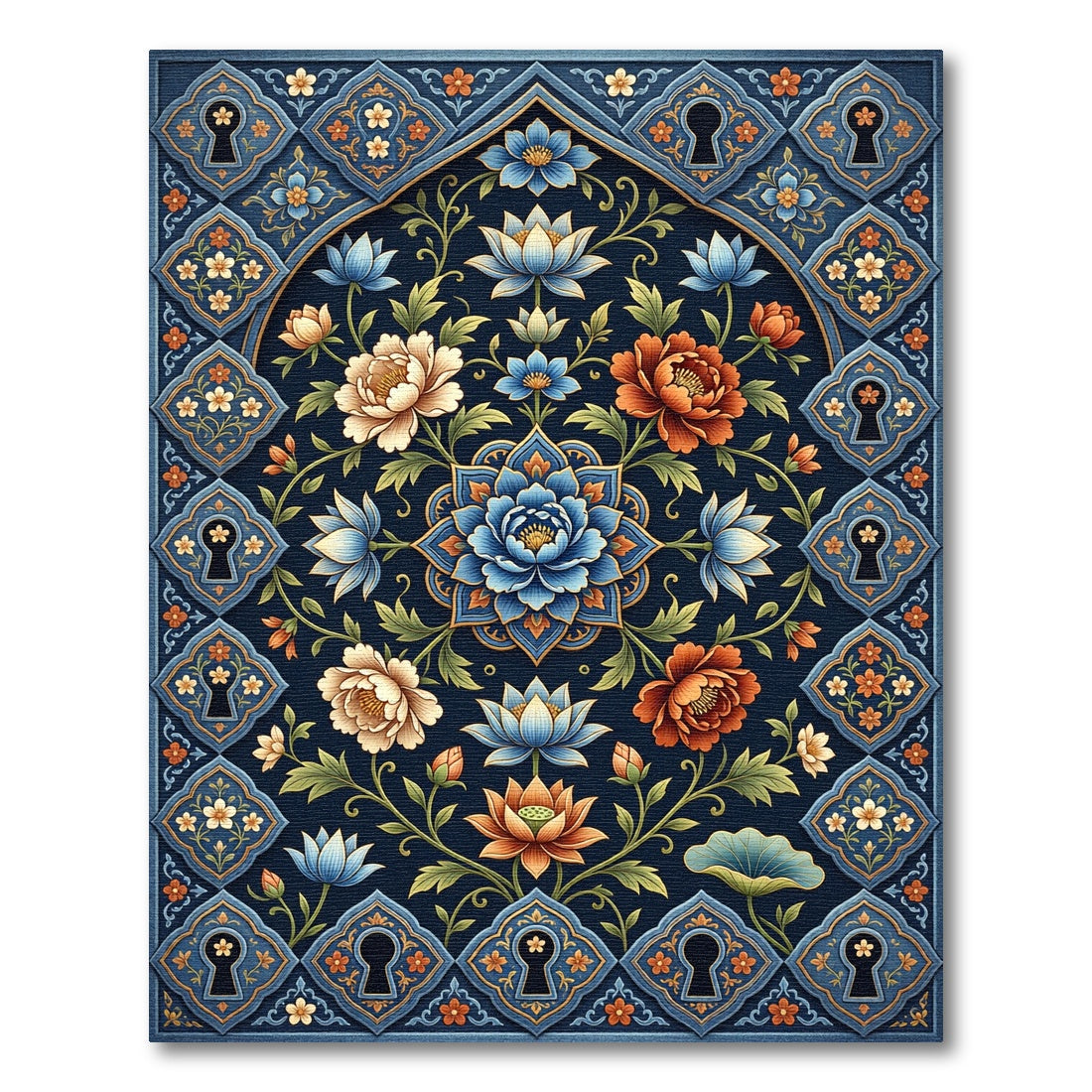 Dark Blue Floral Keyhole Border Rug