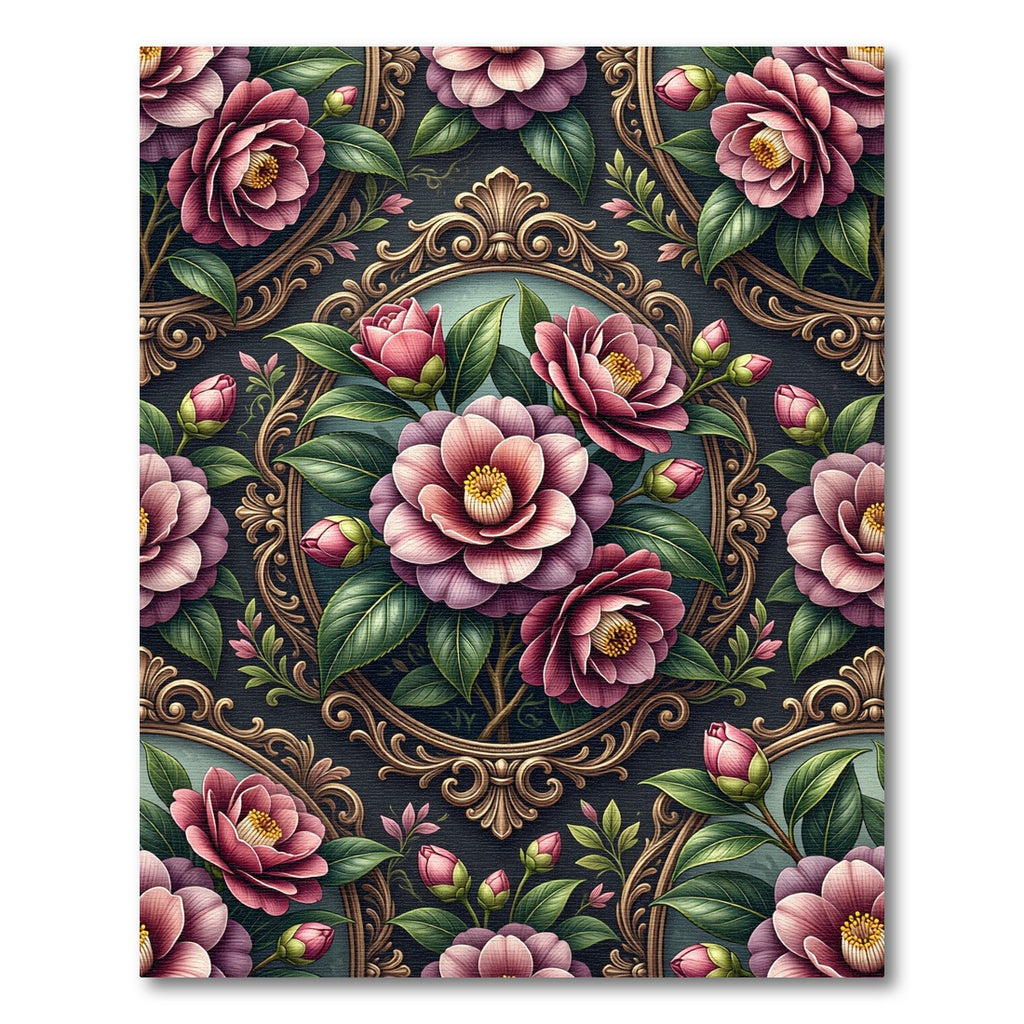 Vintage Victorian Pink Camellia Frame Rug