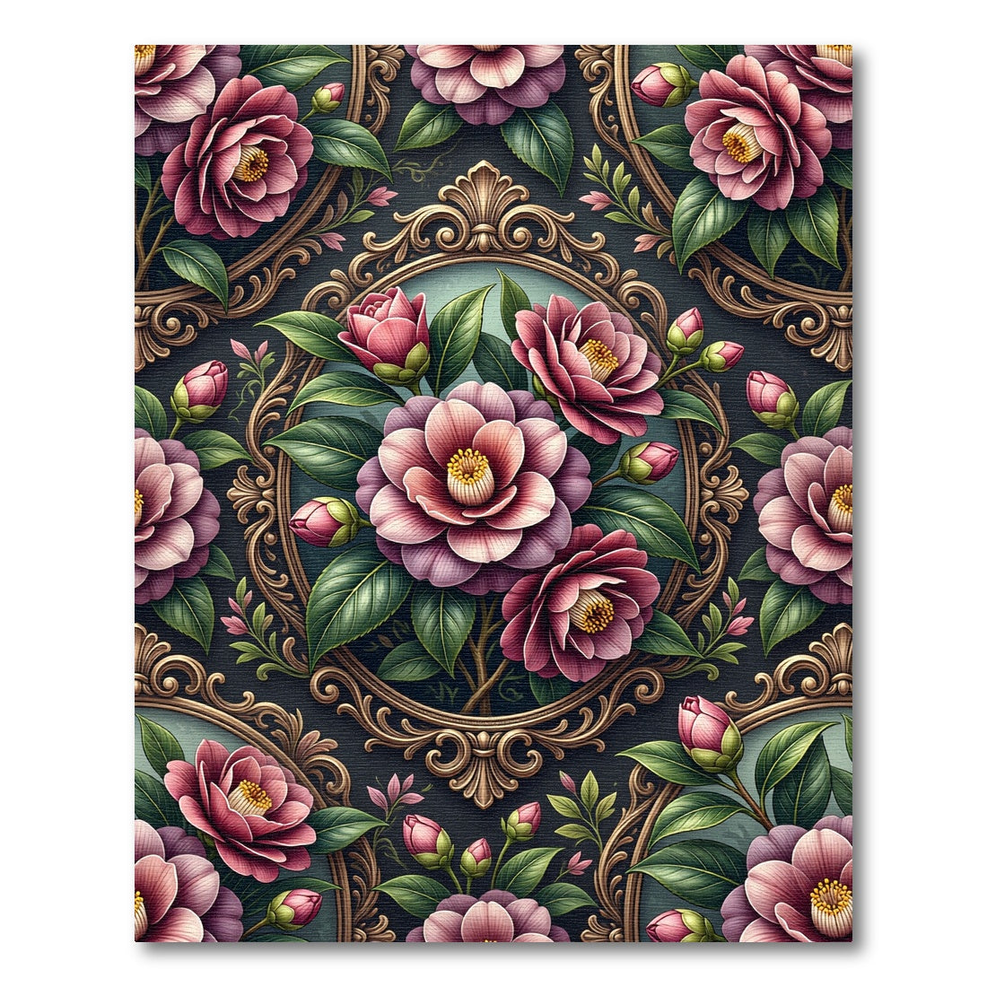 Vintage Victorian Pink Camellia Frame Rug
