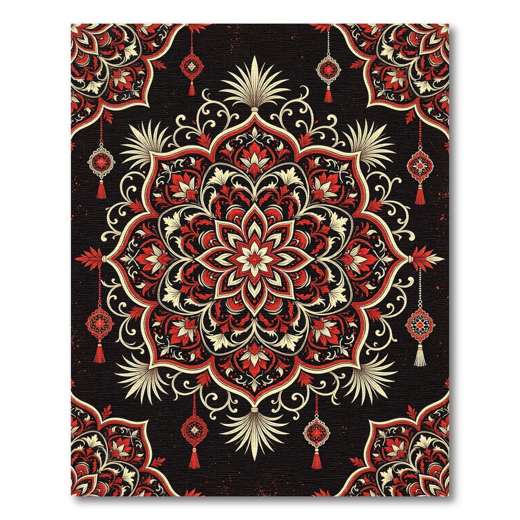 Crimson Floral Mandala with Hanging Ornaments Rug
