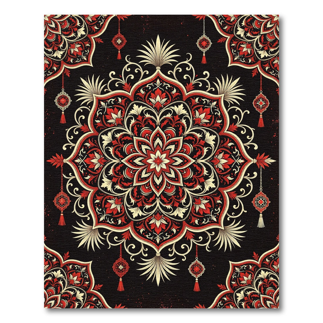 Crimson Floral Mandala with Hanging Ornaments Rug