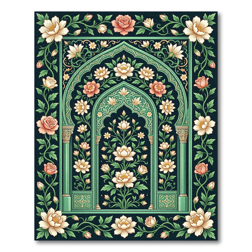 Elegant Emerald Floral Bouquet Archway Rug