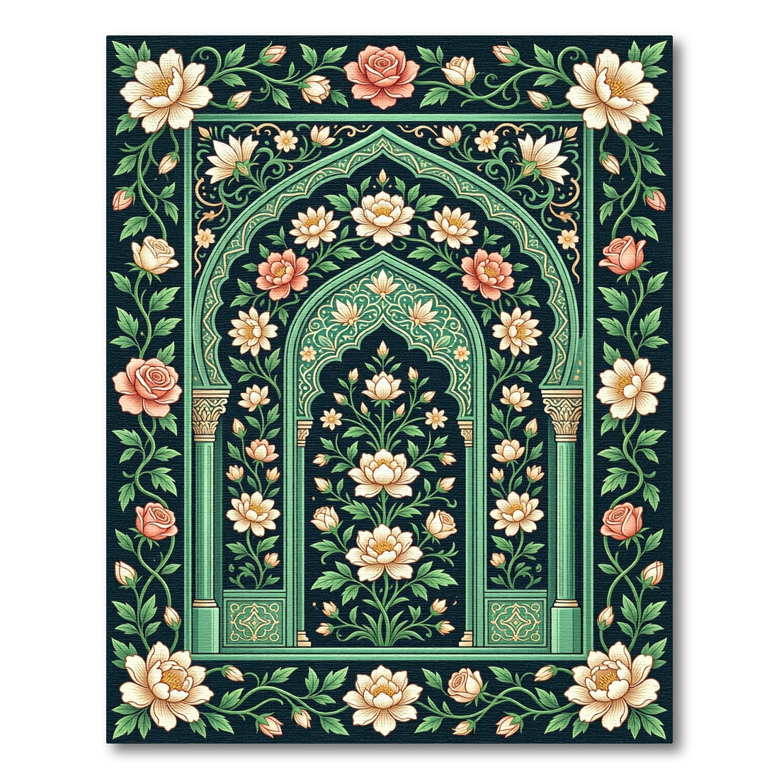 Elegant Emerald Floral Bouquet Archway Rug