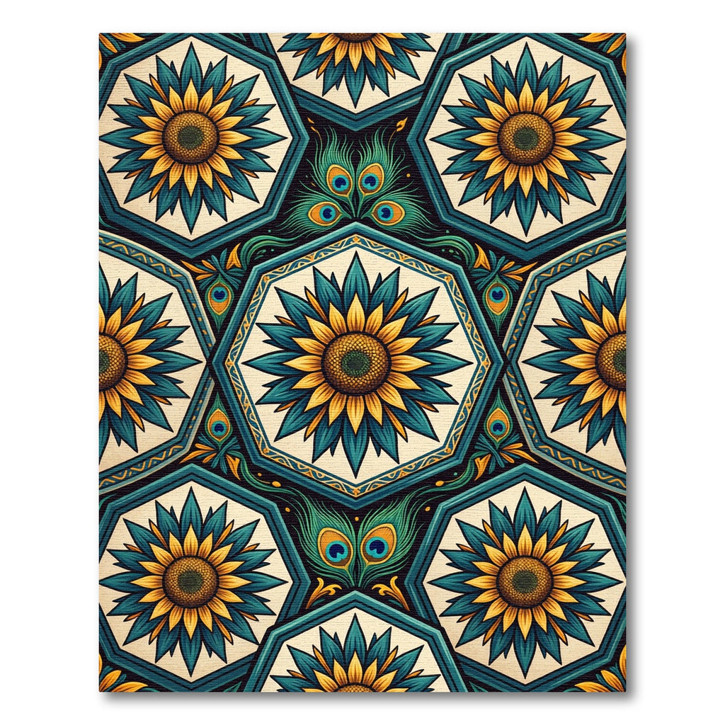 Teal Gold Sunflower Peacock Medallion Rug