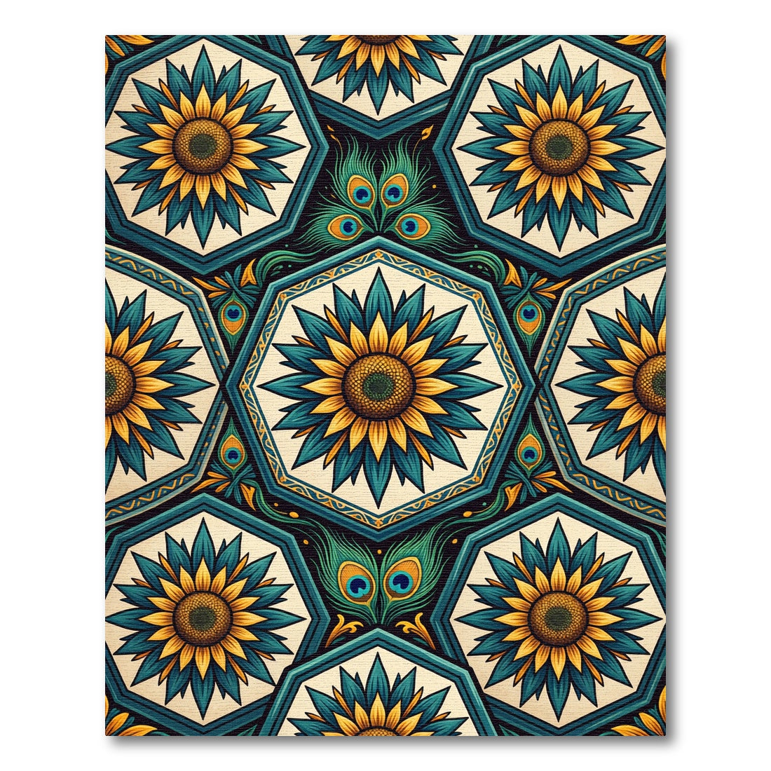 Teal Gold Sunflower Peacock Medallion Rug