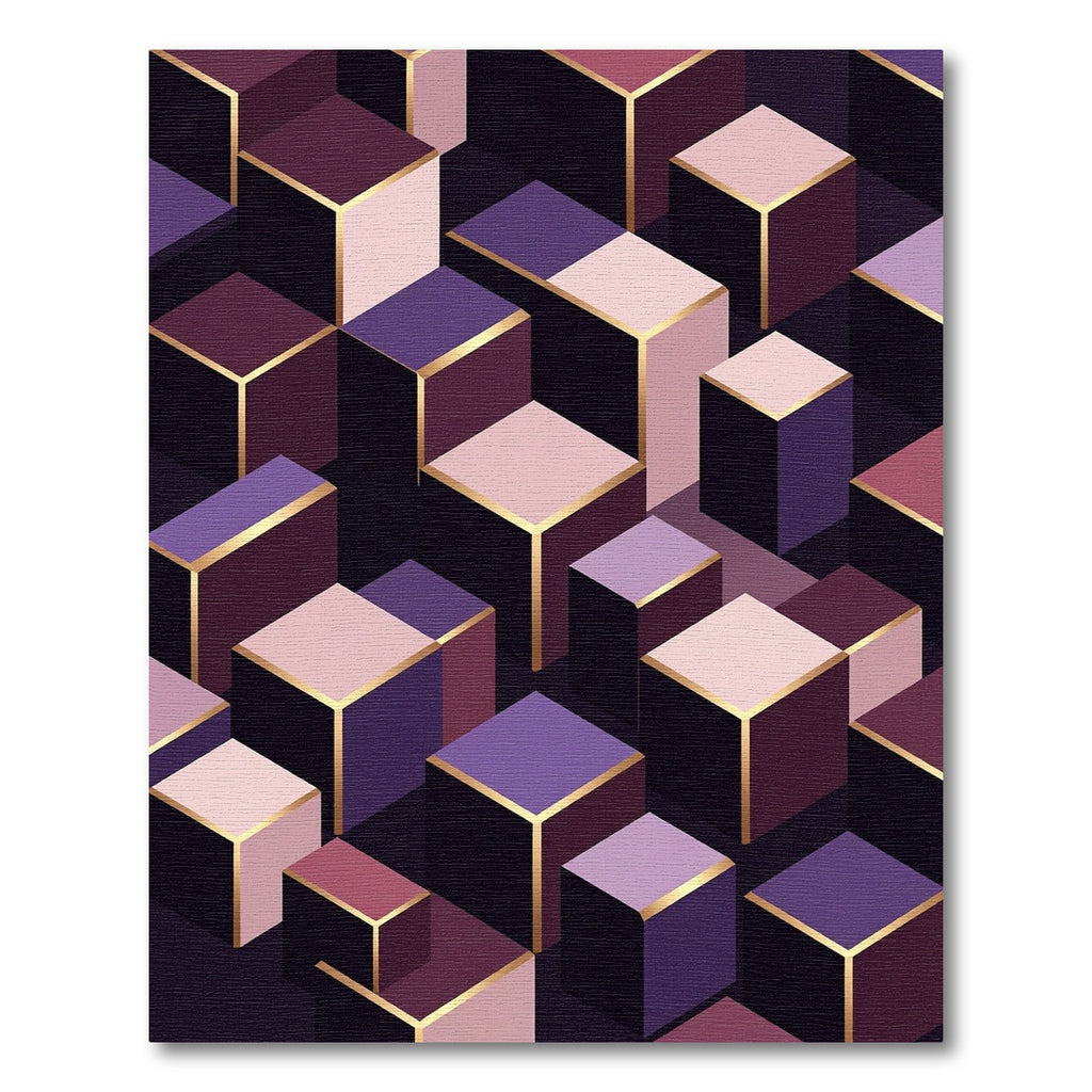 Geometric Isometric Purple and Gold Cube Rug