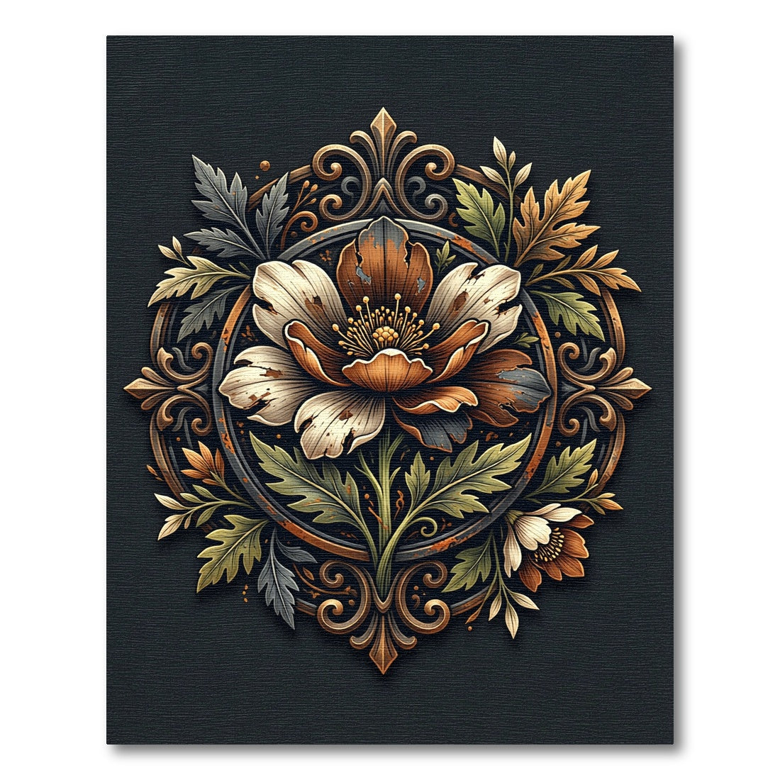Antique Gold Floral Ornament Medallion Rug