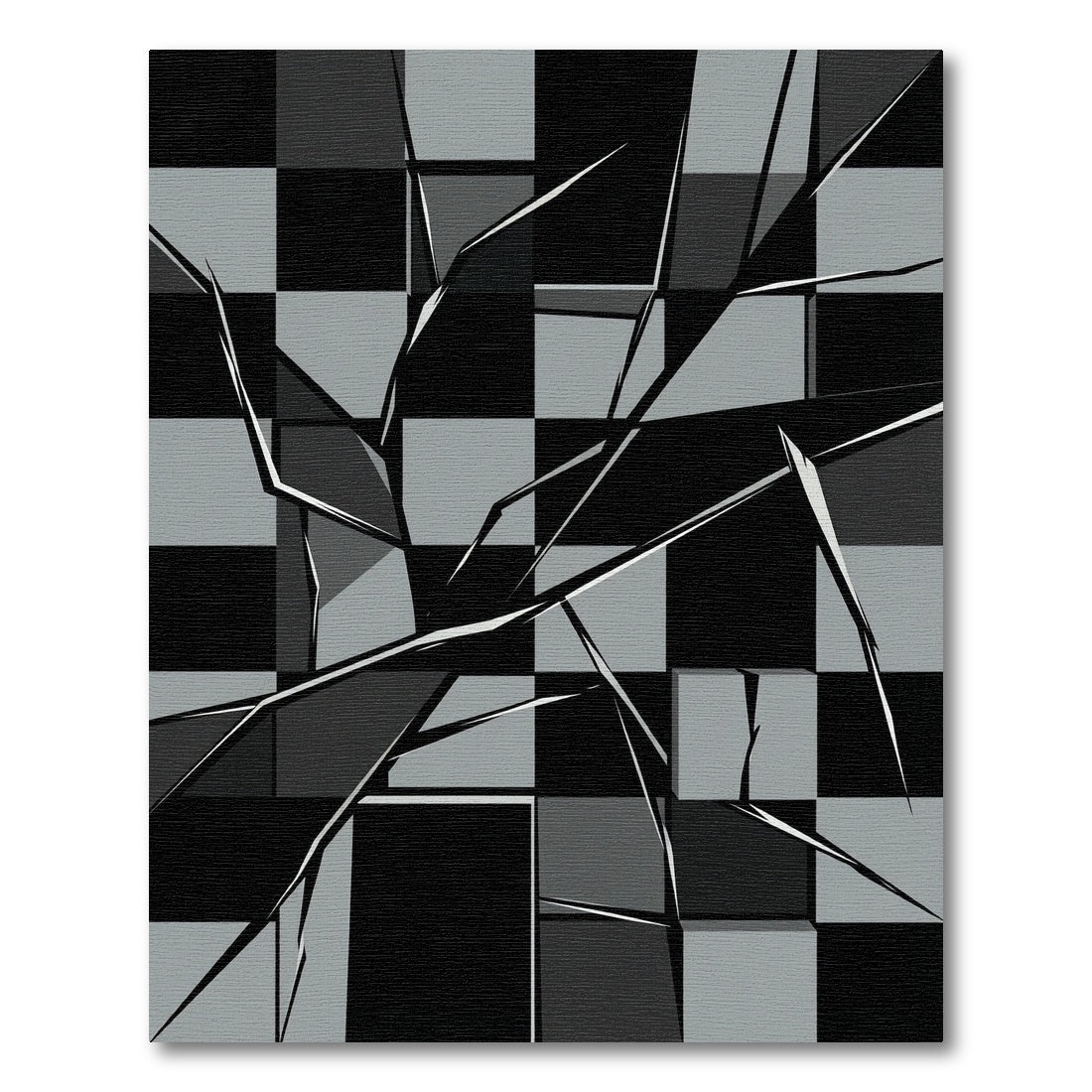 Monochrome Shattered Checkerboard Geometric Rug