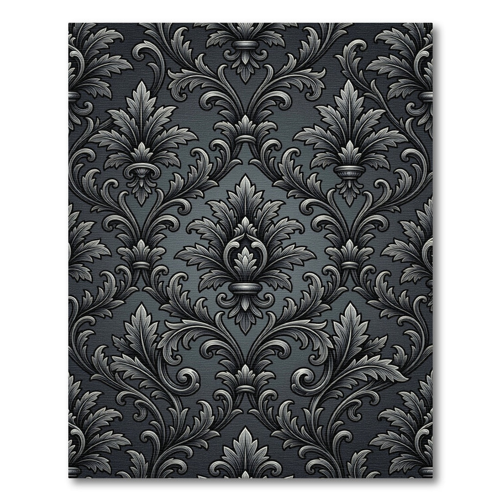 Elegant Black Silver Damask Scroll Rug