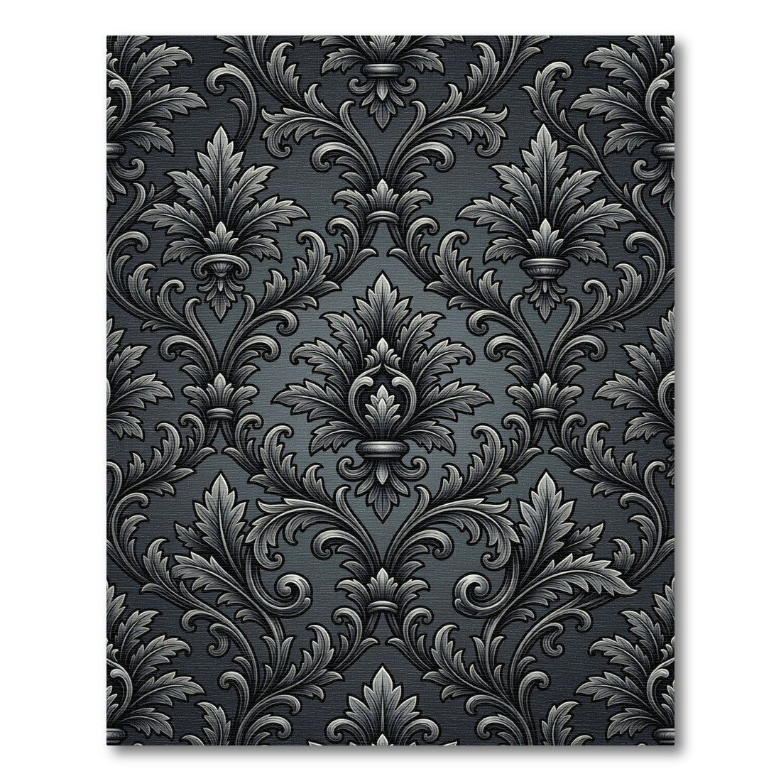 Elegant Black Silver Damask Scroll Rug
