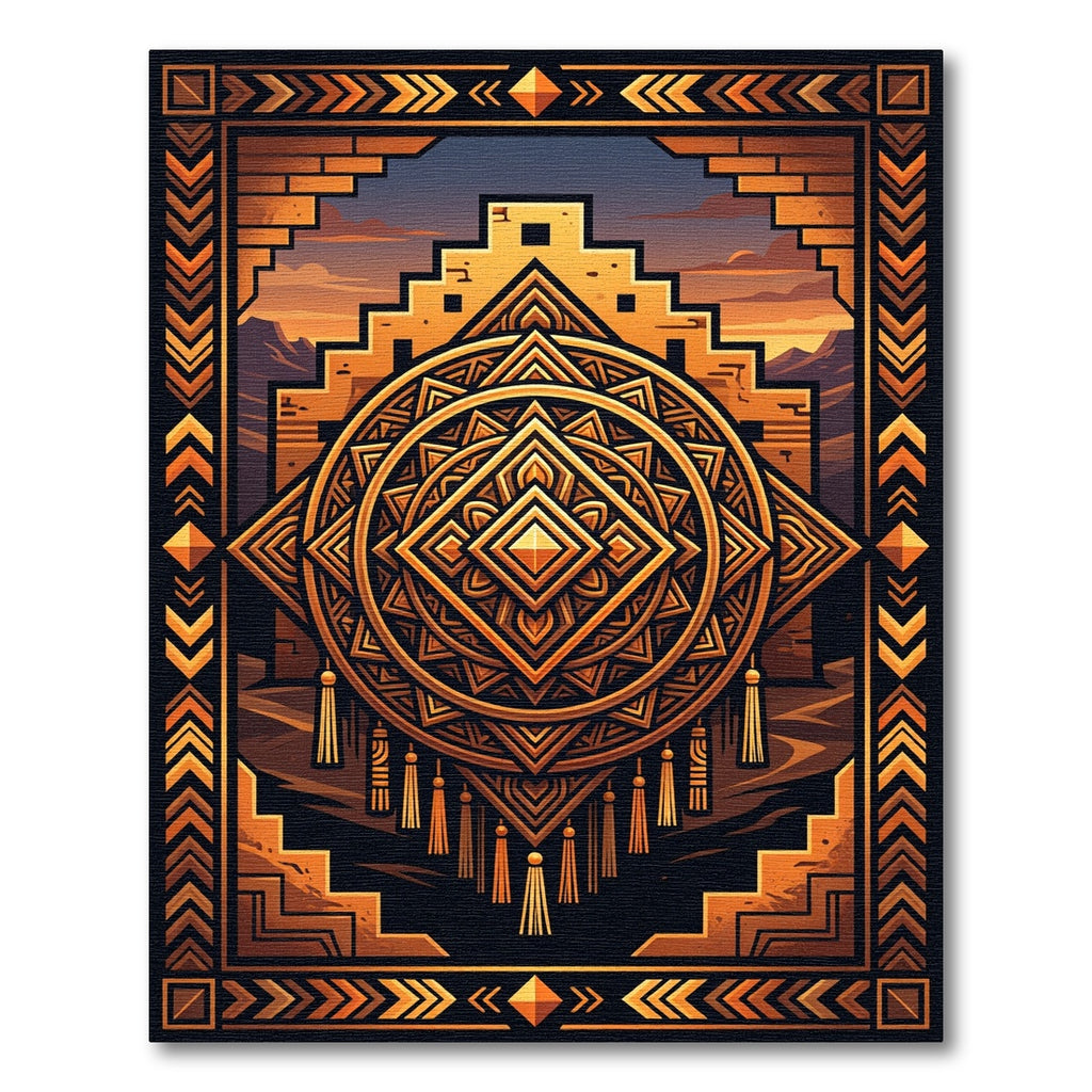 Golden Aztec Geometric Sunburst Medallion Rug