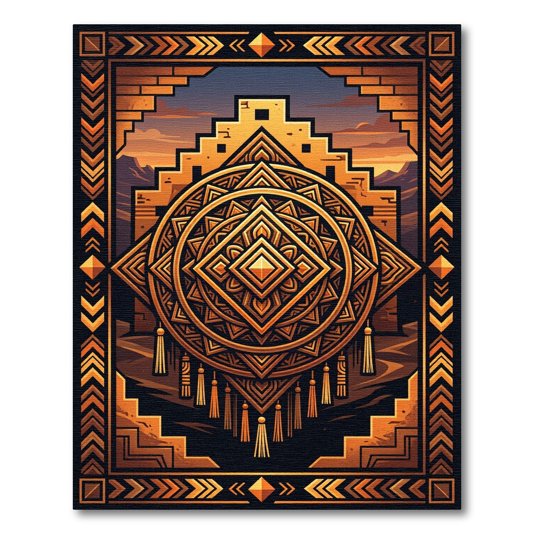 Golden Aztec Geometric Sunburst Medallion Rug
