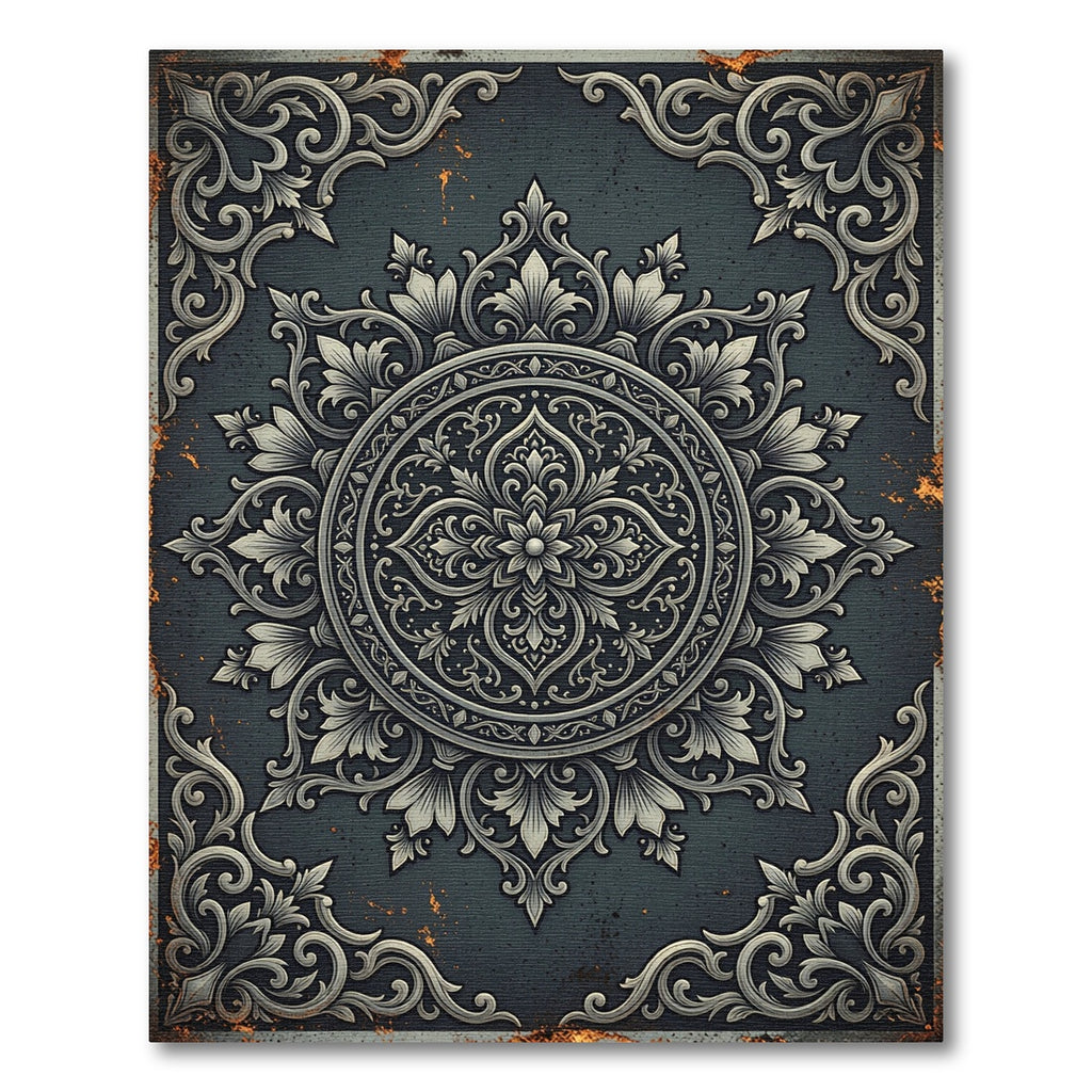 Ornate Slate Gray Floral Medallion Rug