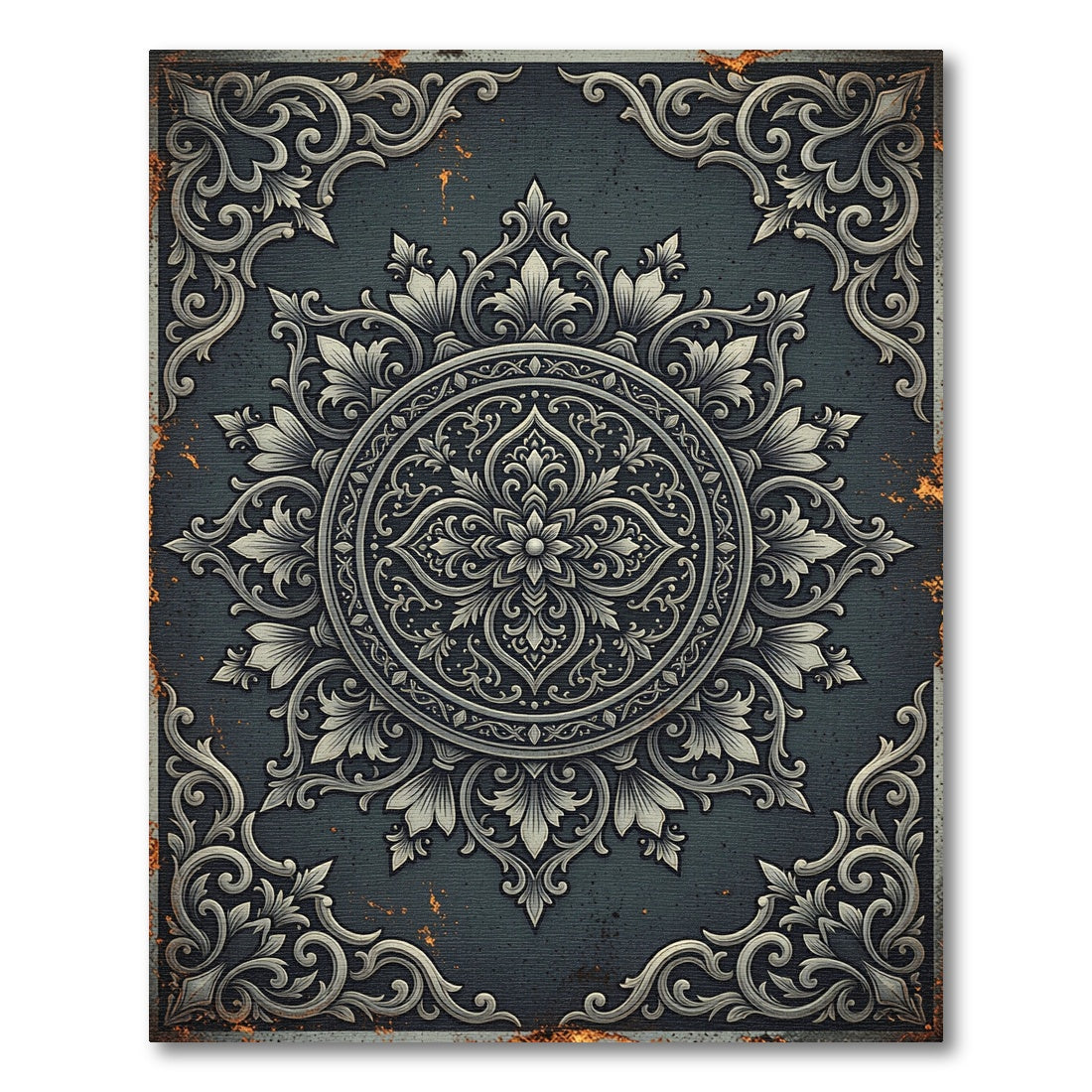 Ornate Slate Gray Floral Medallion Rug
