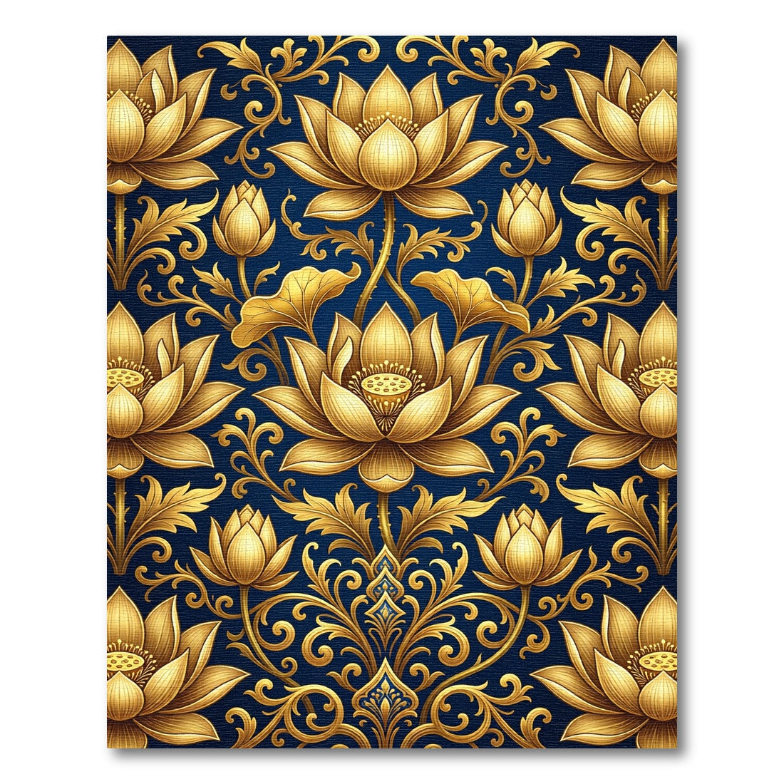 Golden Lotus Floral Navy Damask Rug
