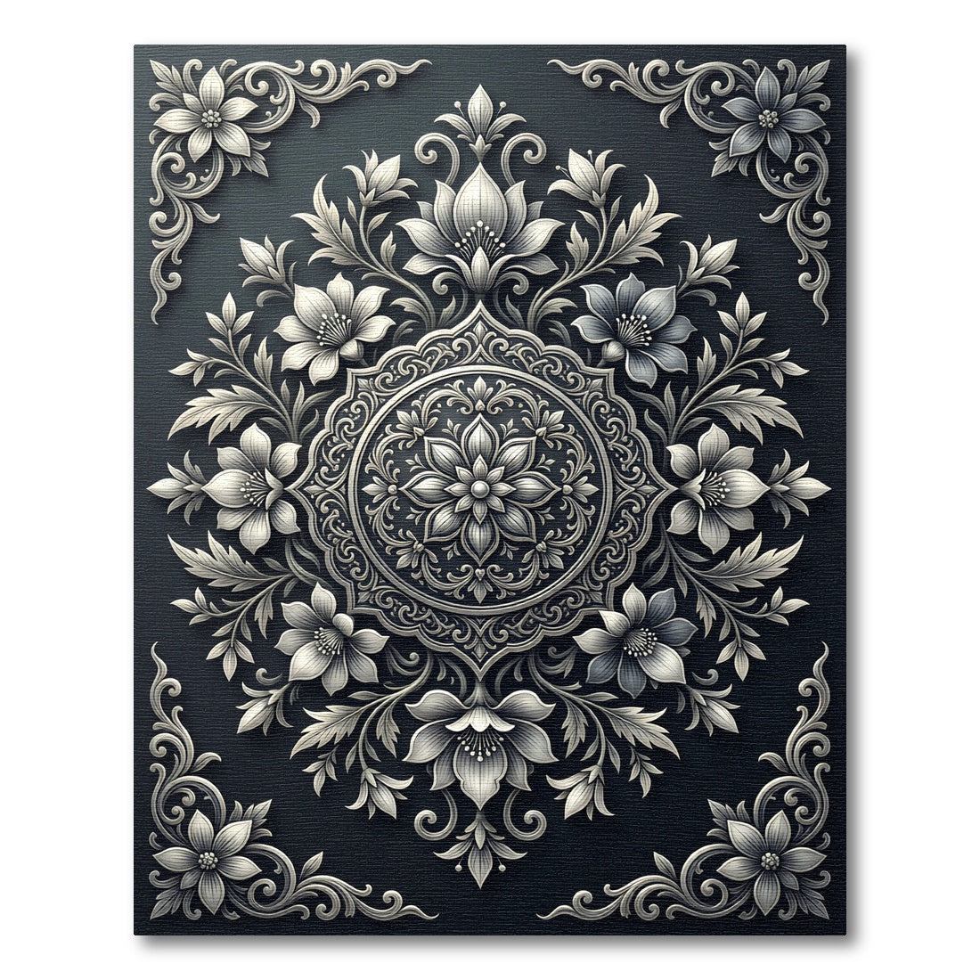 Intricate Floral Medallion Black and White Rug