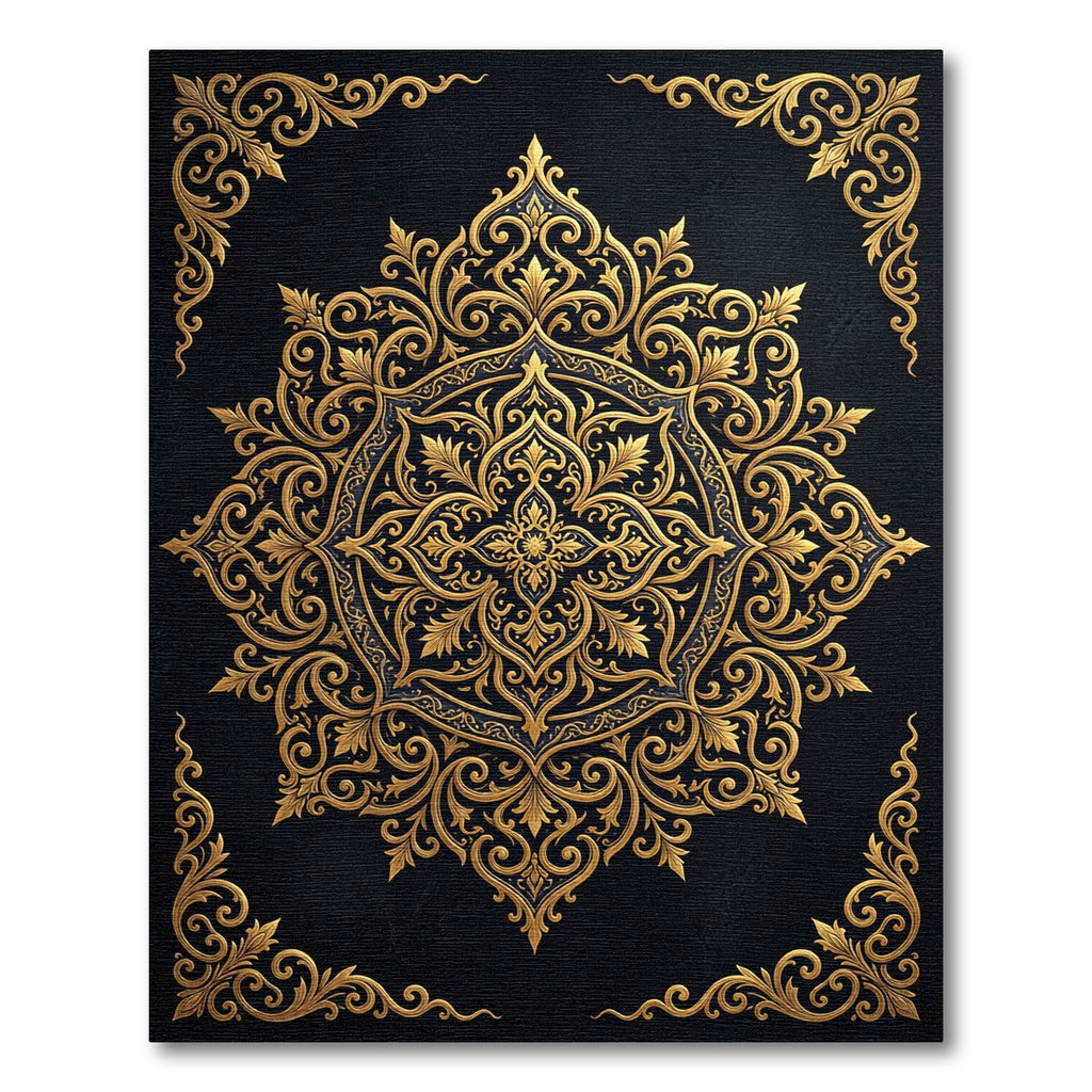 Ornate Golden Filigree Black Medallion Rug