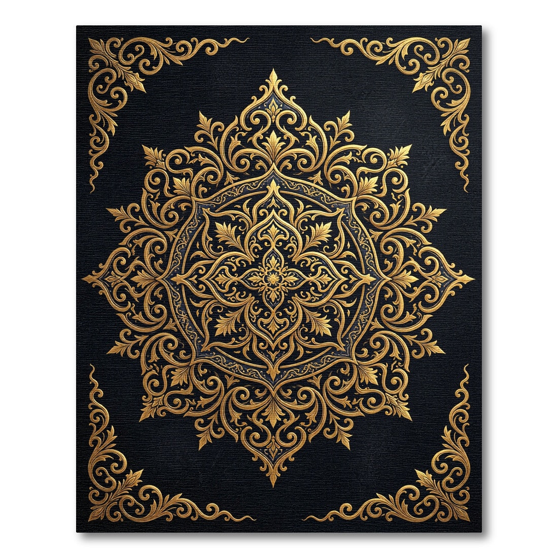 Ornate Golden Filigree Black Medallion Rug