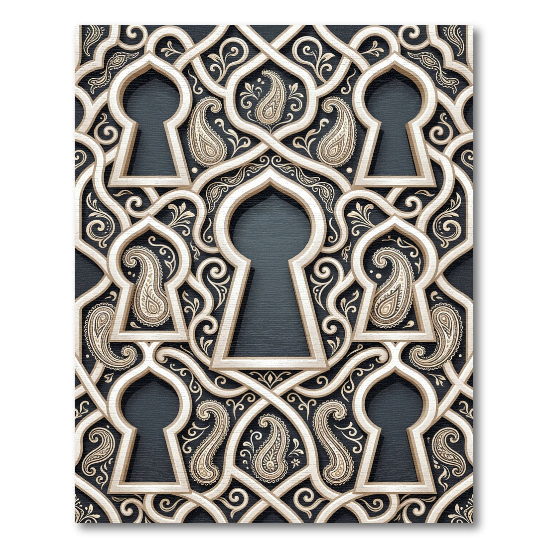 Cream and Charcoal Ornate Paisley Arch Rug