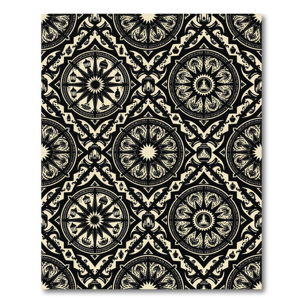 Black and Cream Geometric Medallion Lattice Rug