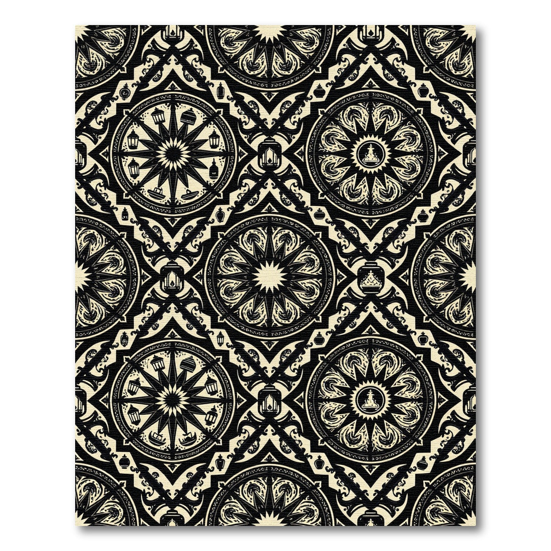 Black and Cream Geometric Medallion Lattice Rug