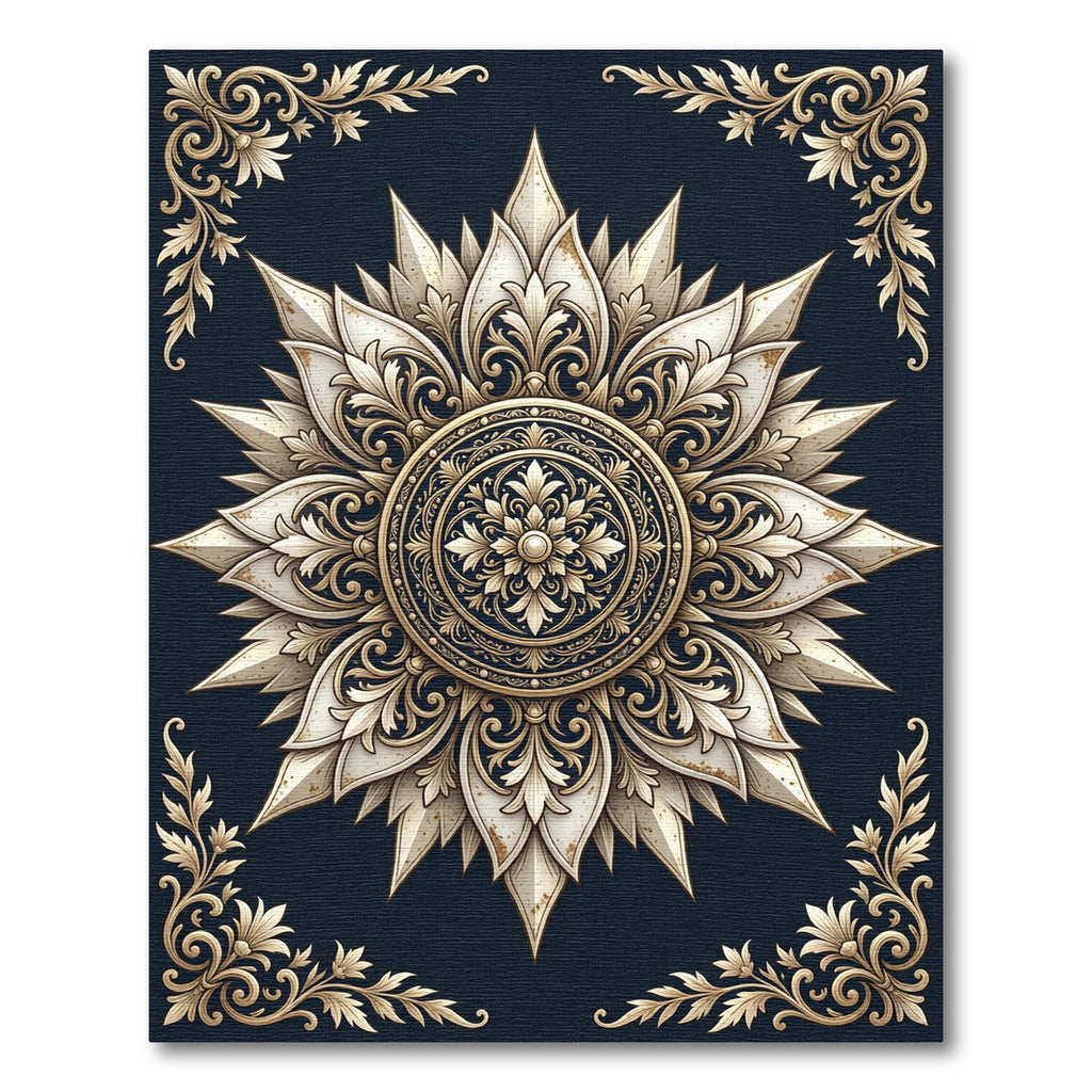 Elegant Gold Navy Ornate Floral Medallion Rug