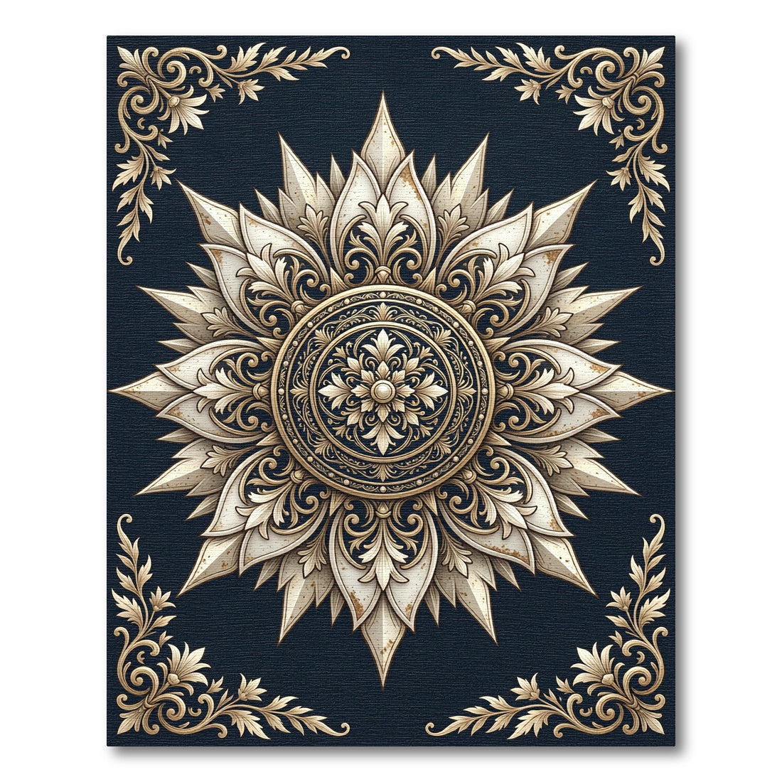 Elegant Gold Navy Ornate Floral Medallion Rug