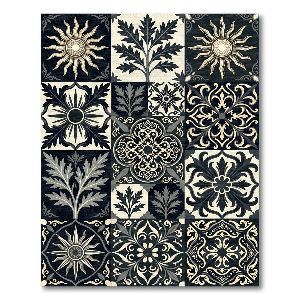Monochromatic Floral Sunburst Medallion Tiles Rug