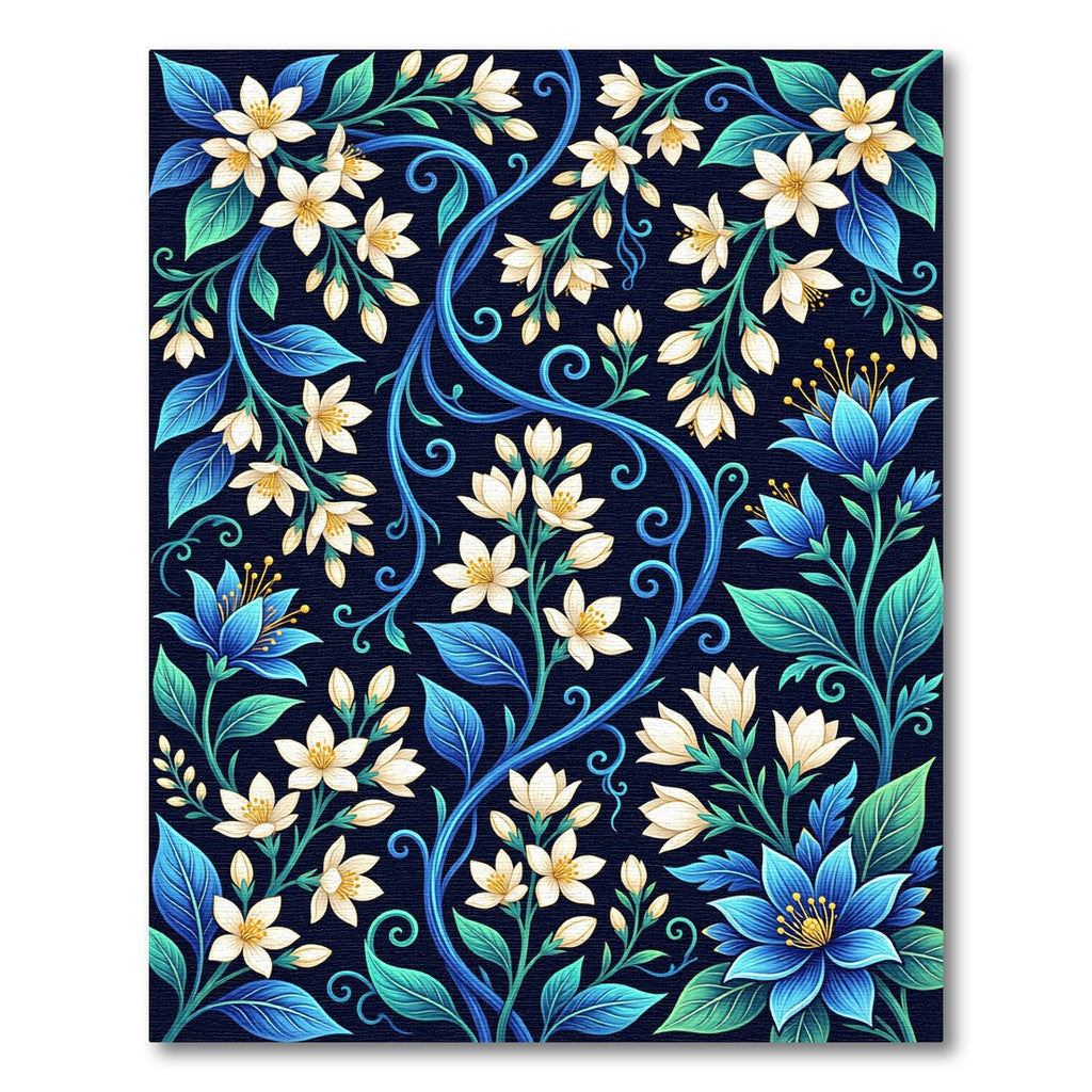 Elegant Blue Floral Swirl Botanical Rug