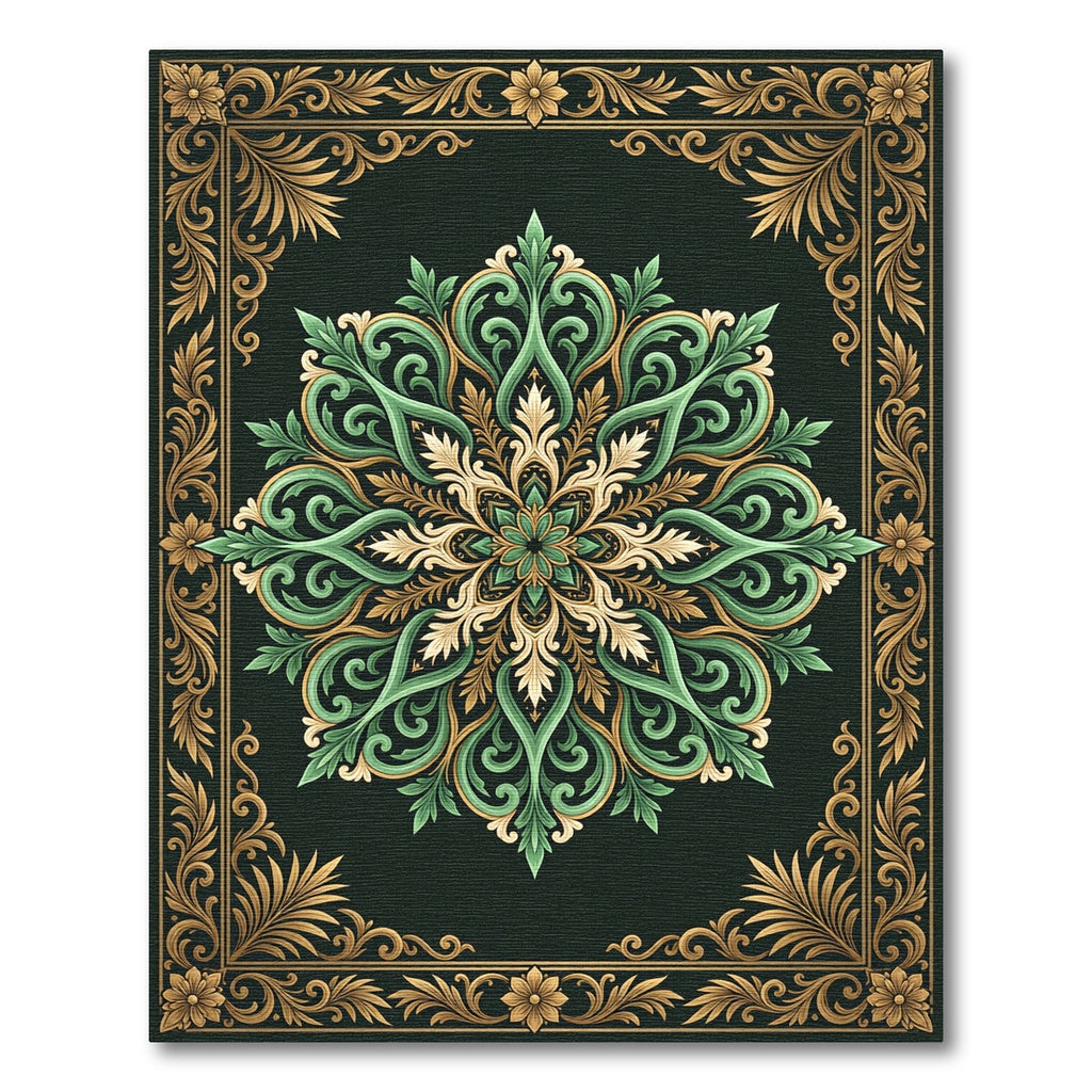 Elegant Green Gold Ornate Medallion Rug