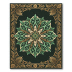 Elegant Green Gold Ornate Medallion Rug
