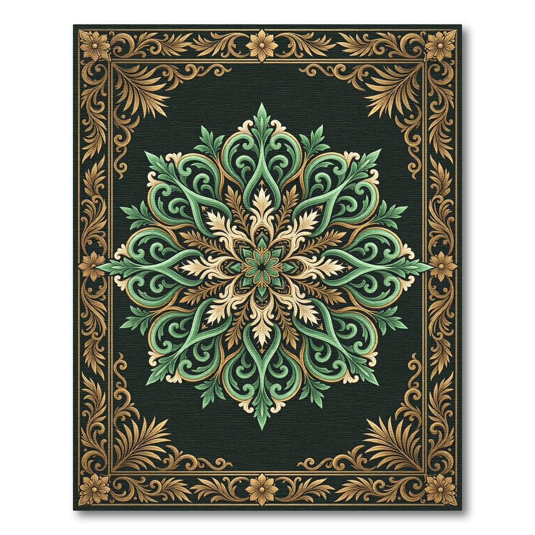 Elegant Green Gold Ornate Medallion Rug
