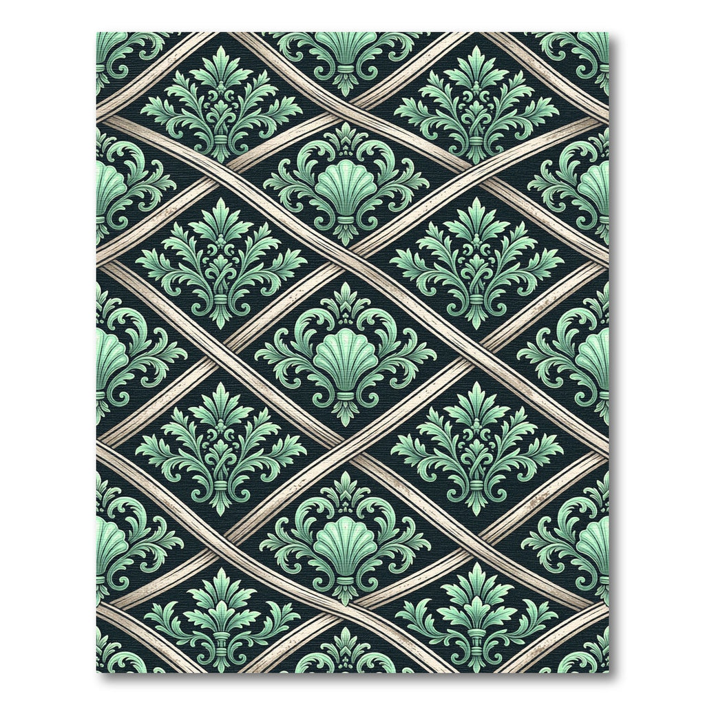 Elegant Jade Damask Lattice Scroll Rug