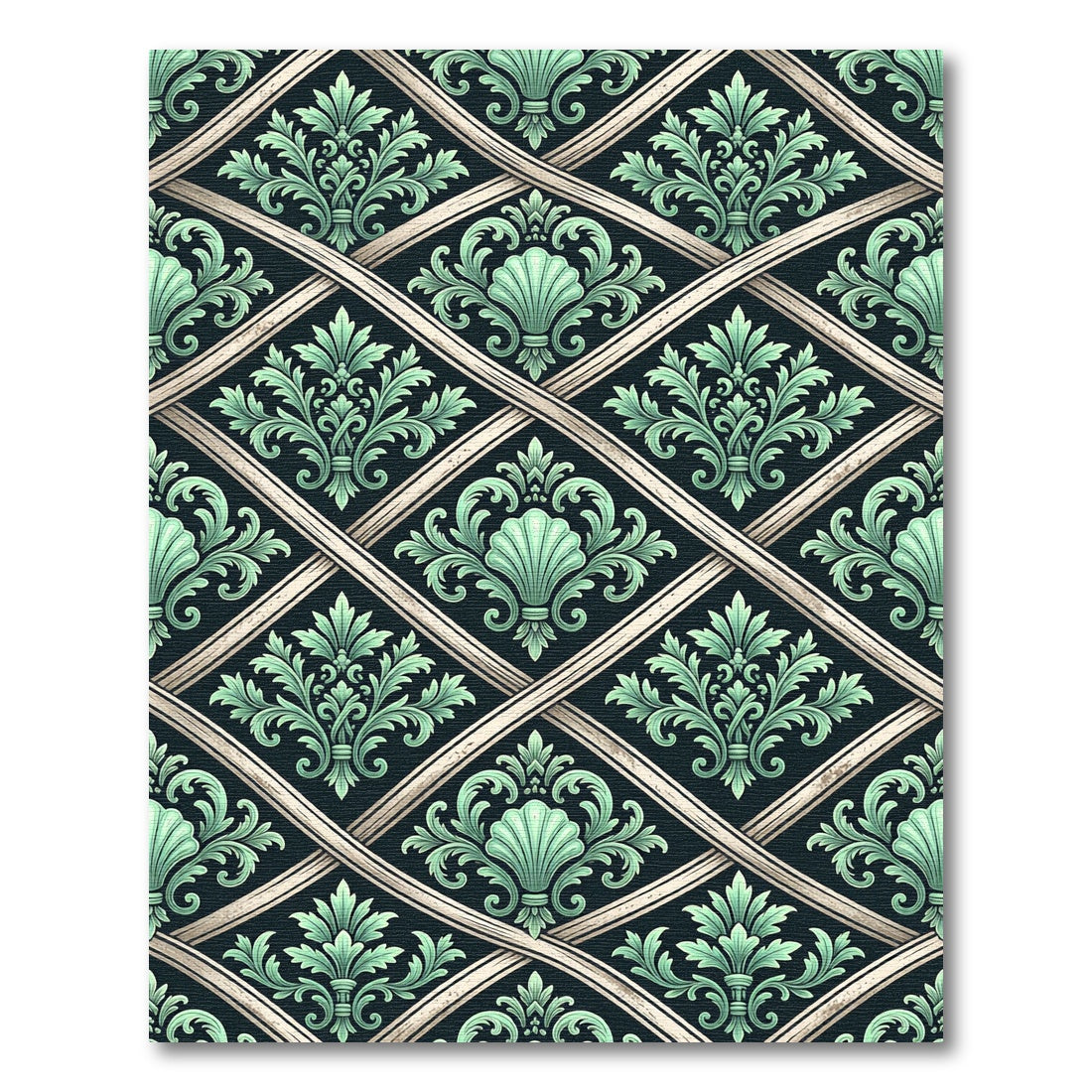 Elegant Jade Damask Lattice Scroll Rug
