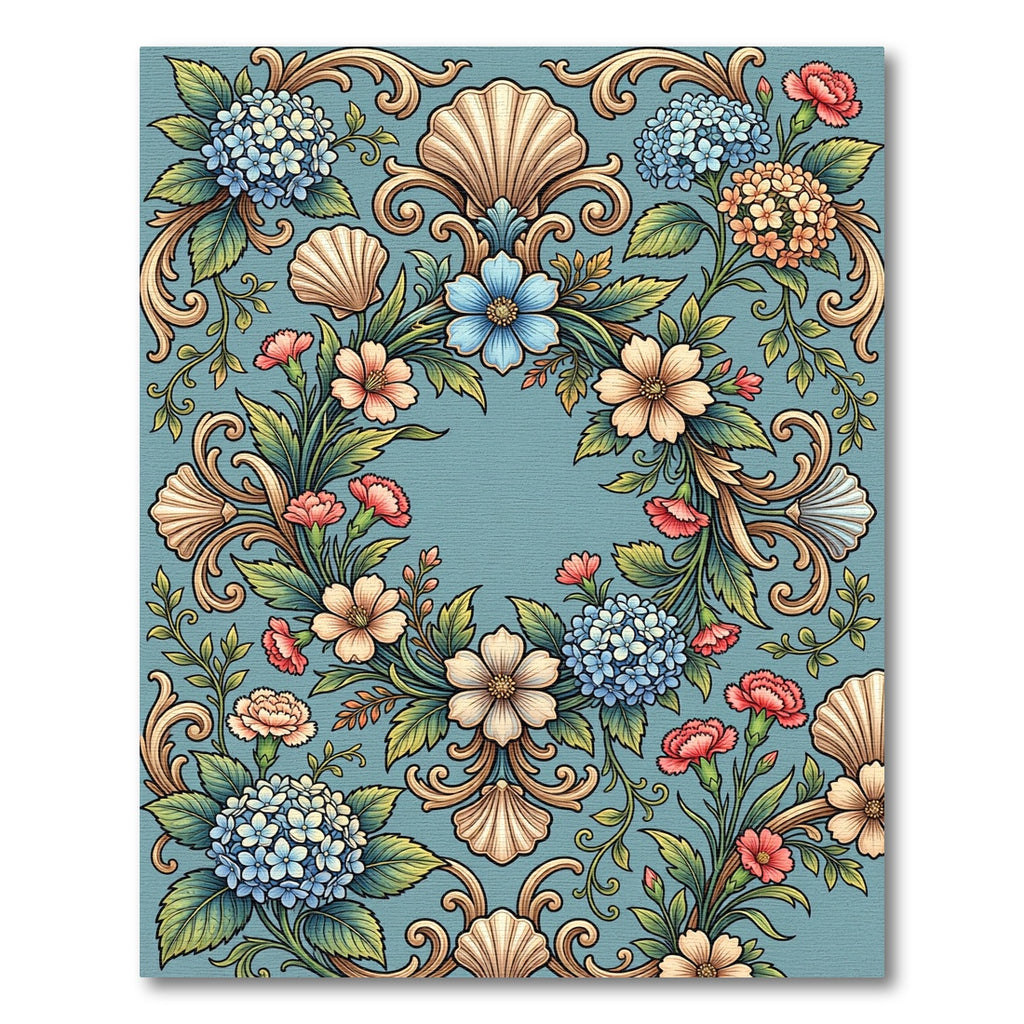 Elegant Floral Shell Scrollwork Blue Rug