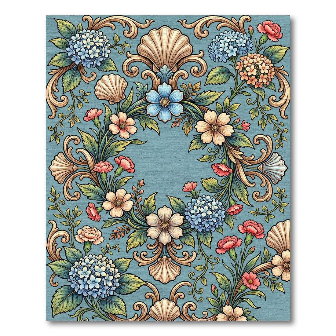 Elegant Floral Shell Scrollwork Blue Rug