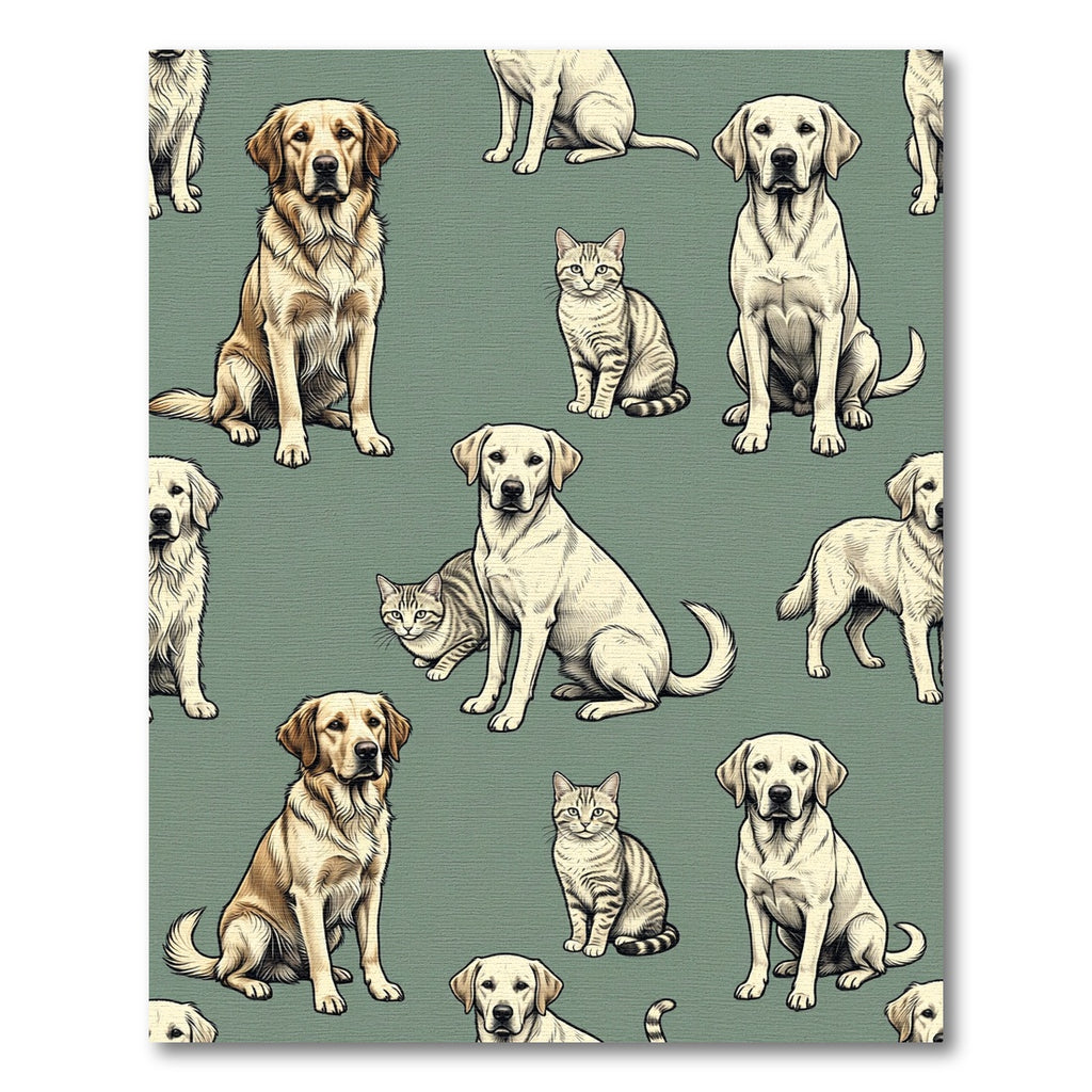 Whimsical Sage Green Dog Cat Illustration Rug