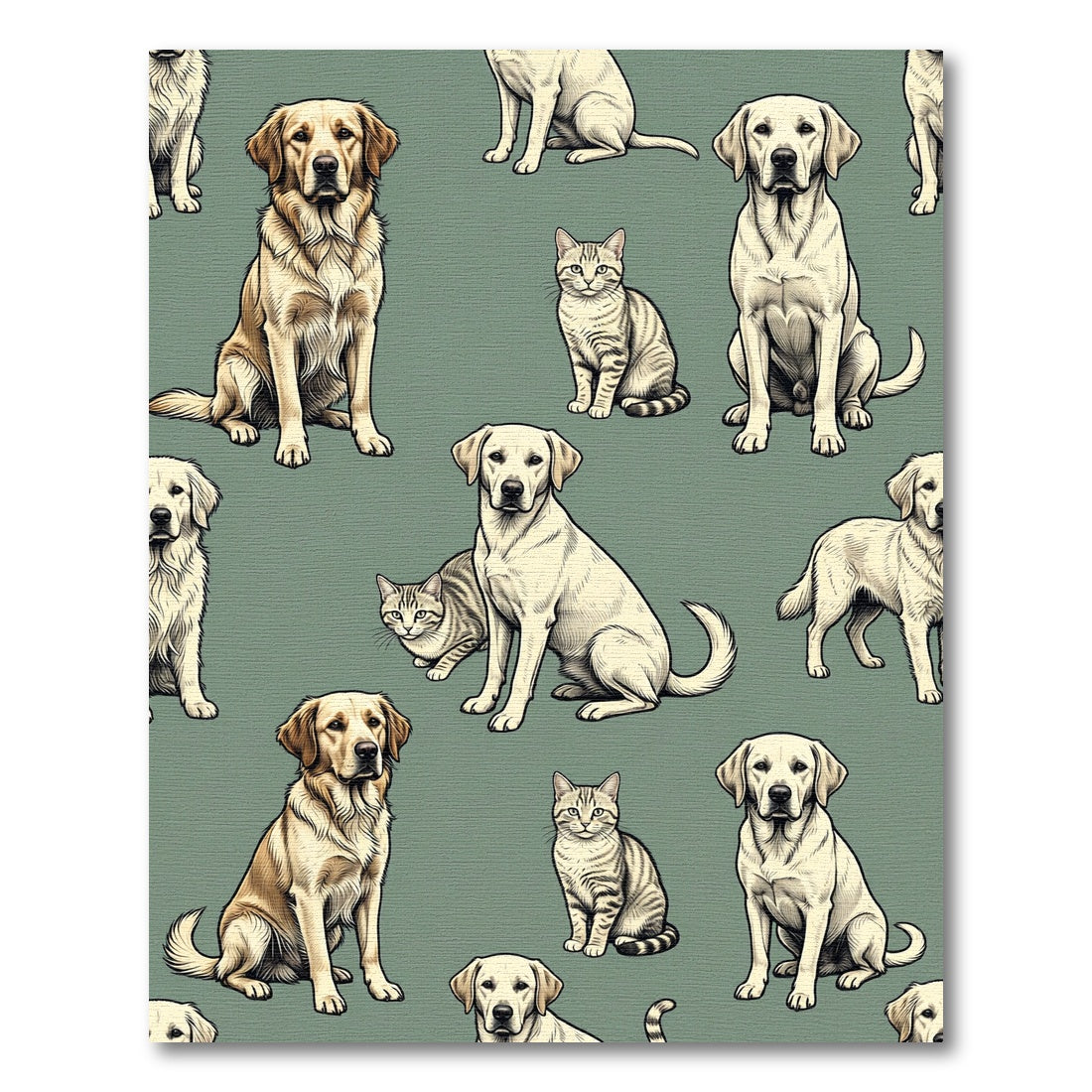 Whimsical Sage Green Dog Cat Illustration Rug